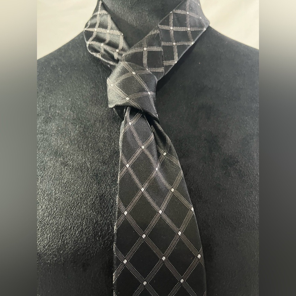 George Windowpane Lattice Tie Black Gray Silver Men's Neck Tie